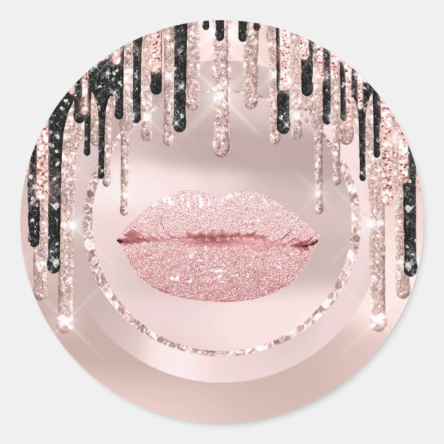 Kiss  Lips Makeup Artist  Drips Rose Glitters Classic Round Sticker (Front)