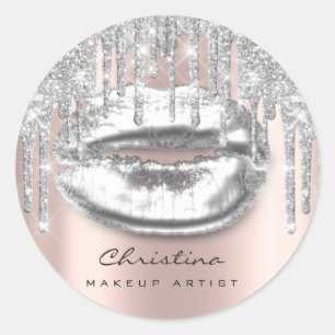 Kiss Lips Makeup Artist Glitter Drips Sparkly Grey Classic Round Sticker