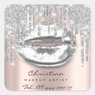 Kiss Lips Makeup Artist Glitter Drips Sparkly Grey Square Sticker