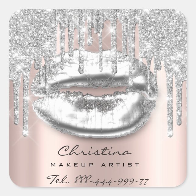 Kiss Lips Makeup Artist Glitter Drips Sparkly Grey Square Sticker (Front)