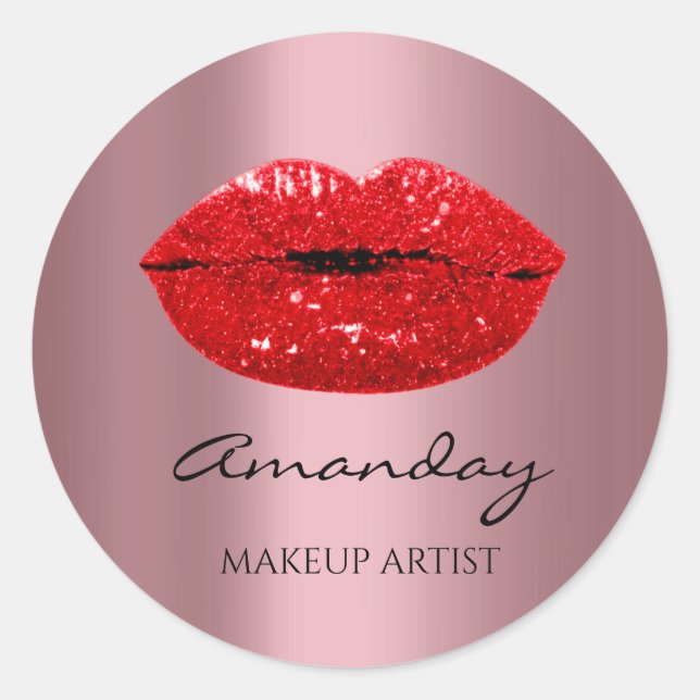 Kiss Lips Makeup  Artist  Name Thank Rose Red Classic Round Sticker (Front)