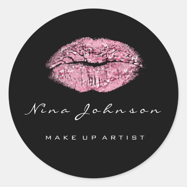 Kiss Lips  Makeup Beauty White Pink Rose  Name Classic Round Sticker (Front)