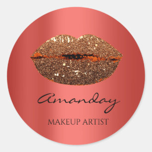 Kiss Lips Makeup Custom Name Red Gold Classic Round Sticker