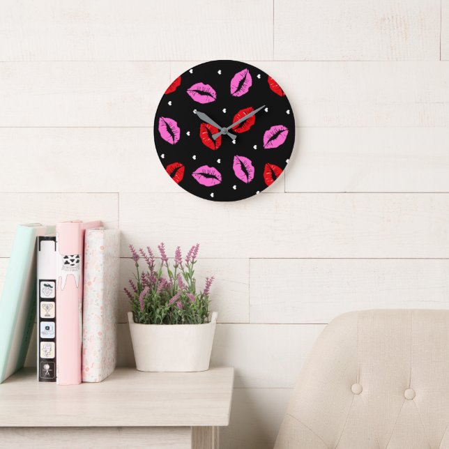 Kiss Lips Pink Red, Acrylic Blk Wall Clock SM/LG  (Reading Room)