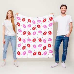Kiss Lips Pink Red  and Hearts Fleece Blanket