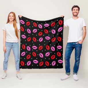 Kiss Lips Pink Red  and Hearts Fleece Blanket BLK