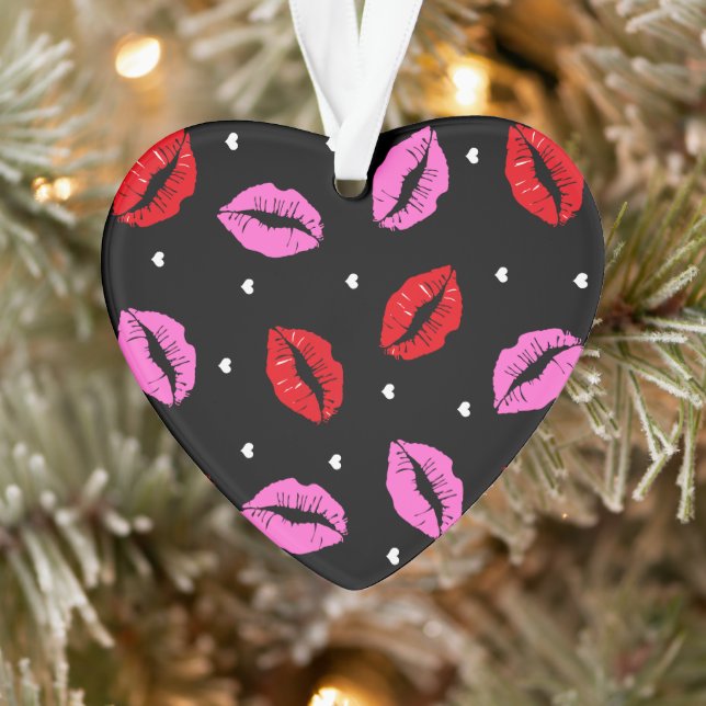 Kiss Lips Pink Red Hearts Acrylic Ornaments Blk (Tree)