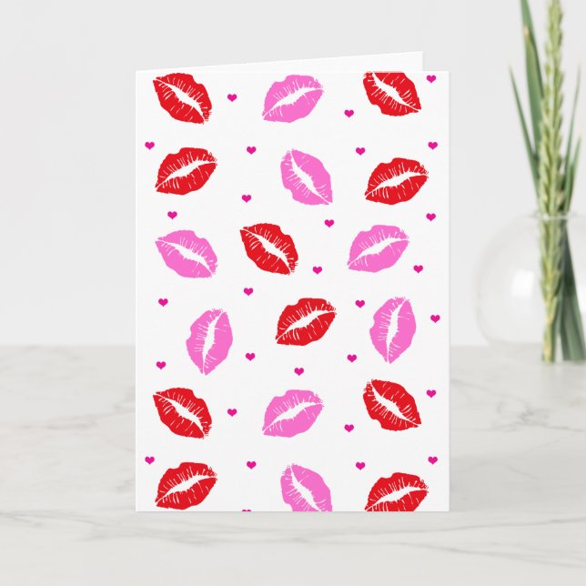 Kiss Lips Pink Red Hearts Greeting Carfd Holiday Card (Front)