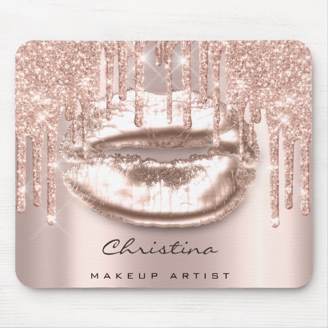 Kiss Lips Pink Rose Gold Blush Makeup Glitter Mouse Mat (Front)