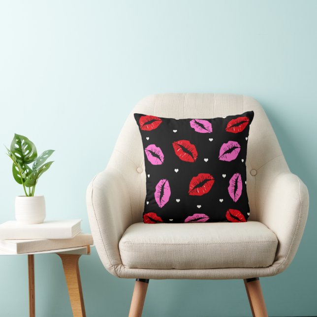 Kiss Lips Red and Pink Hearts Black Throw Pillow (Chair)