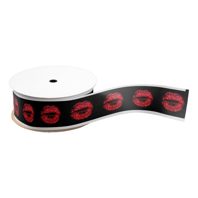 Kiss Lips Red Lipstick Black Valentine Glitter Grosgrain Ribbon (Spool)