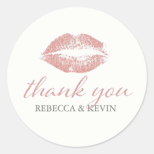 Kiss Lips Rose Gold Glitter Texture Thank You Classic Round Sticker (Front)