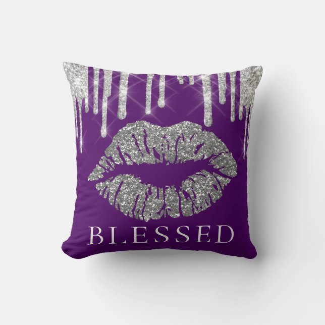 Kiss Lips Silver Grey Drips Glitter Purple Blessed Cushion (Front)
