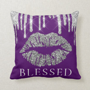 Kiss Lips Silver Grey Drips Glitter Purple Blessed Cushion