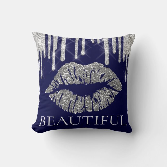 Kiss Lips Silver Grey Grey Drips Glitter Name Navy Cushion (Front)