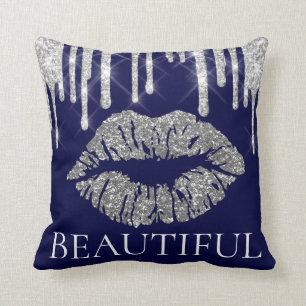 Kiss Lips Silver Grey Grey Drips Glitter Name Navy Cushion