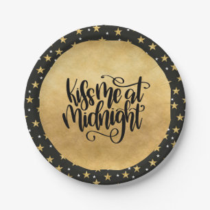 Kiss Me at Midnight Black and Gold Stars Paper Plate