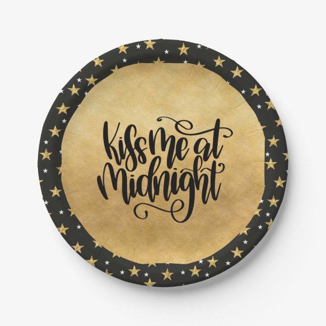 Kiss Me at Midnight Black and Gold Stars Paper Plate (Front)