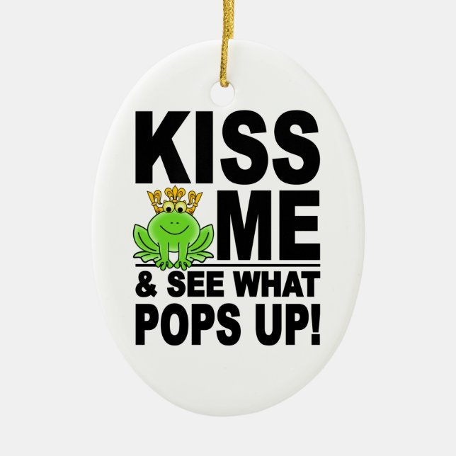 KISS ME Frog ornament, customisable Ceramic Tree Decoration (Front)