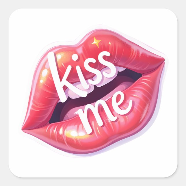 Kiss Me Glossy Red Lips Art Illustration Square Sticker (Front)