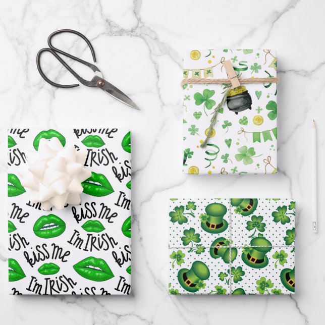 Kiss Me I Am Irish Shamrock Leprechaun's Hat Green Wrapping Paper Sheet (Front)