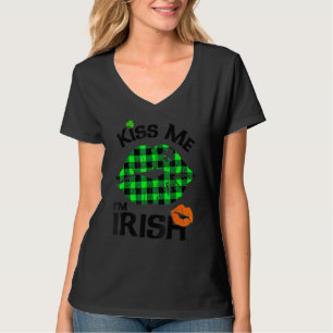 Kiss Me I M Irish Buffalo Plaid Lips Clover St Pat T-Shirt