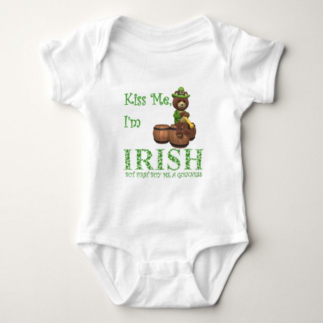 Kiss Me I'm Irish, but First Buy Me A Guinness Baby Bodysuit (Front)