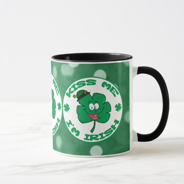 Kiss Me I'm Irish Clover Face Green Bokeh Mug (Right)