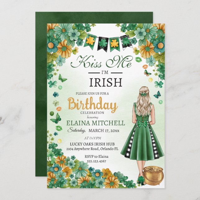 Kiss Me I'm Irish Girl Green Dress St. Patrick's I Invitation (Front/Back)