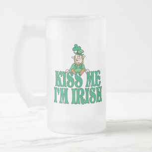 Kiss Me I''m Irish Little Leprechaun Frosted Glass Beer Mug