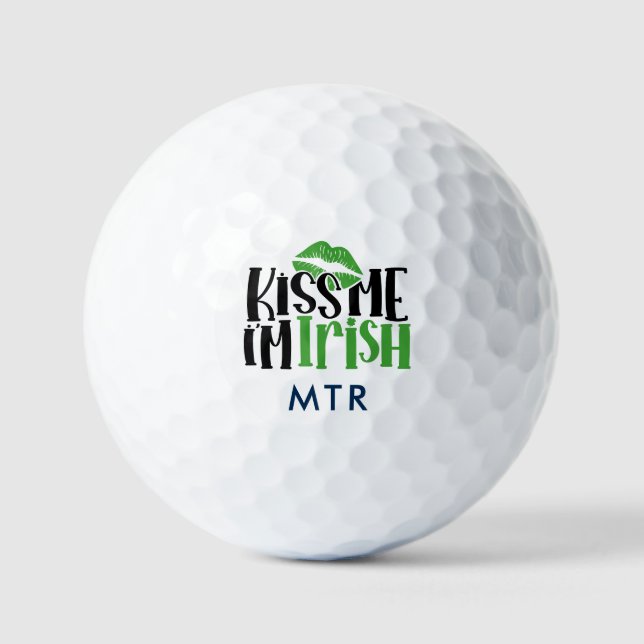 Kiss Me Im Irish Shamrock Monogram Lucky Funny Golf Balls (Front)