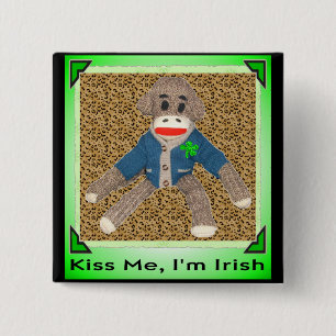 Kiss Me, I'm Irish Sock Monkey 15 Cm Square Badge