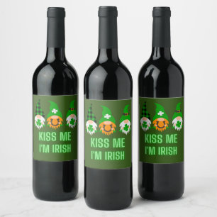 Kiss Me I'm Irish St. Patrick's Day Gnome Shamrock Wine Label