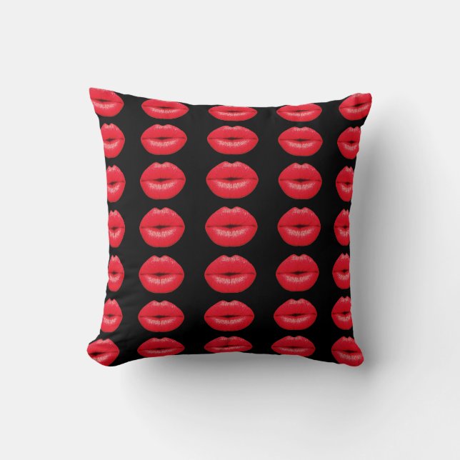 KISS me LIPS red black  chic trendy powerful mouth Cushion (Front)