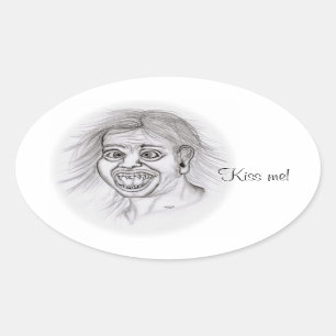 Kiss me! Pencil drawing black and white Design Oval Sticker