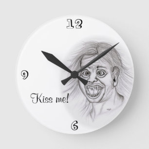 Kiss me! Pencil drawing black and white Design Round Clock