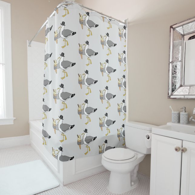 Kiss Me Quick Seaside Seagull Light Grey Shower Curtain (In Situ)