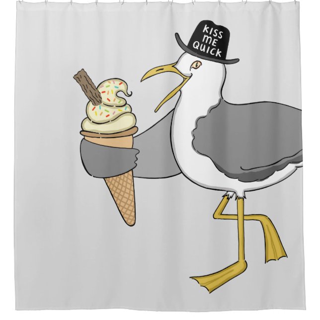 Kiss Me Quick Seaside Seagull Light Grey Shower Curtain (Front)