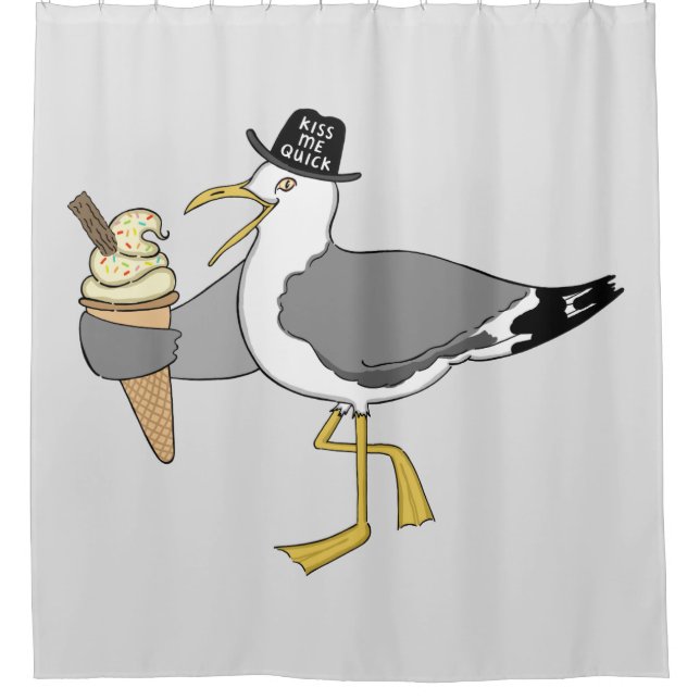 Kiss Me Quick Seaside Seagull Light Grey Shower Curtain (Front)