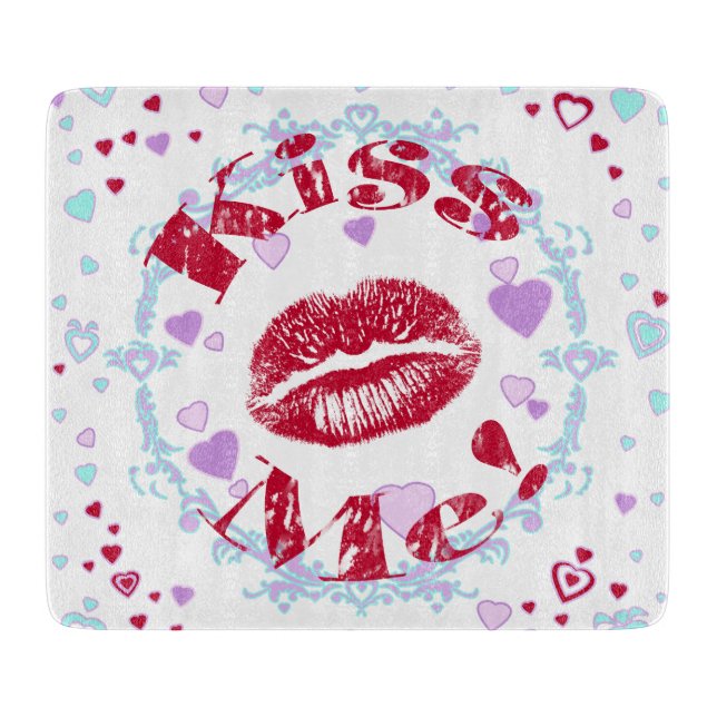 Kiss Me! Red Lips With Hearts Cutting Board (Front)