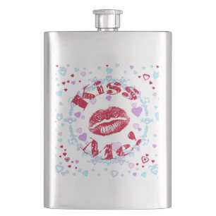 Kiss Me! Red Lips With Hearts Hip Flask