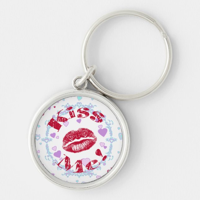 Kiss Me! Red Lips With Hearts Key Ring (Front)