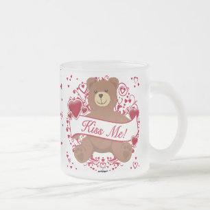 Kiss Me! Valentine's Day Teddy Bear Frosted Glass Coffee Mug