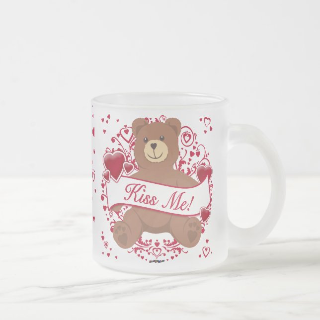 Kiss Me! Valentine's Day Teddy Bear Frosted Glass Coffee Mug (Right)