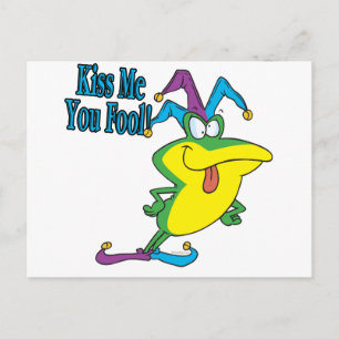 kiss me you fool jester frog cartoon postcard