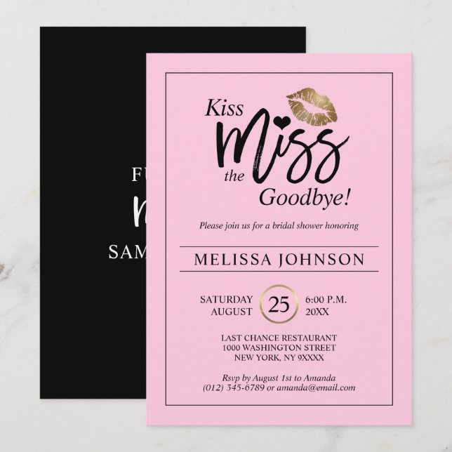 Kiss Miss Goodbye Gold Lips Pink Bridal Shower Invitation (Front/Back)