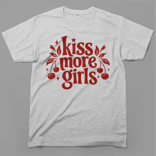 Kiss More Girls Retro Cherry Typography T-Shirt