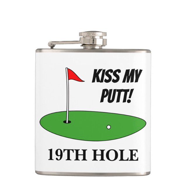 Kiss My Putt 19th Hole funny golf gift drink flask (Front)