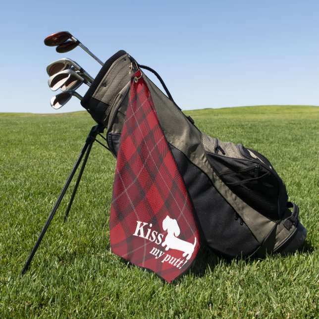 Kiss My Putt Cheeky Dachshund Plaid Golf Towel (Green)