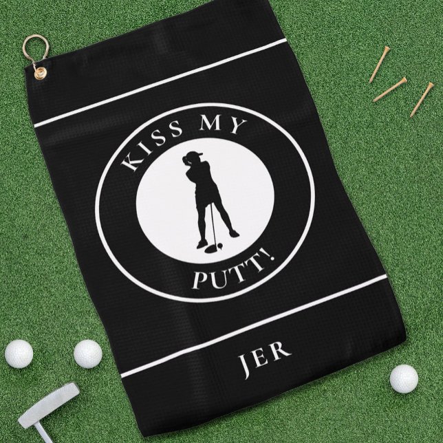 Kiss My Putt Funny Golfer Humor Silhouette Black   Golf Towel (Kiss My Putt Funny Golfer Humor Silhouette Personalized Name or Initials Black Golf Towel For Her)